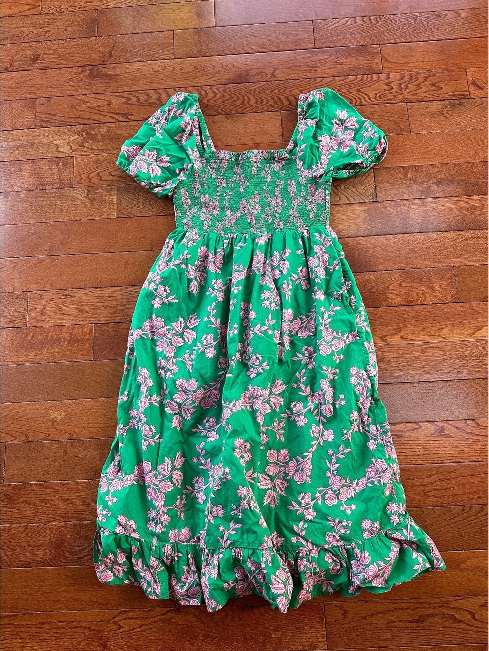 J.Crew Re-Imagined Green Floral Smocked Midi Dress M Puff Sleeve Pockets